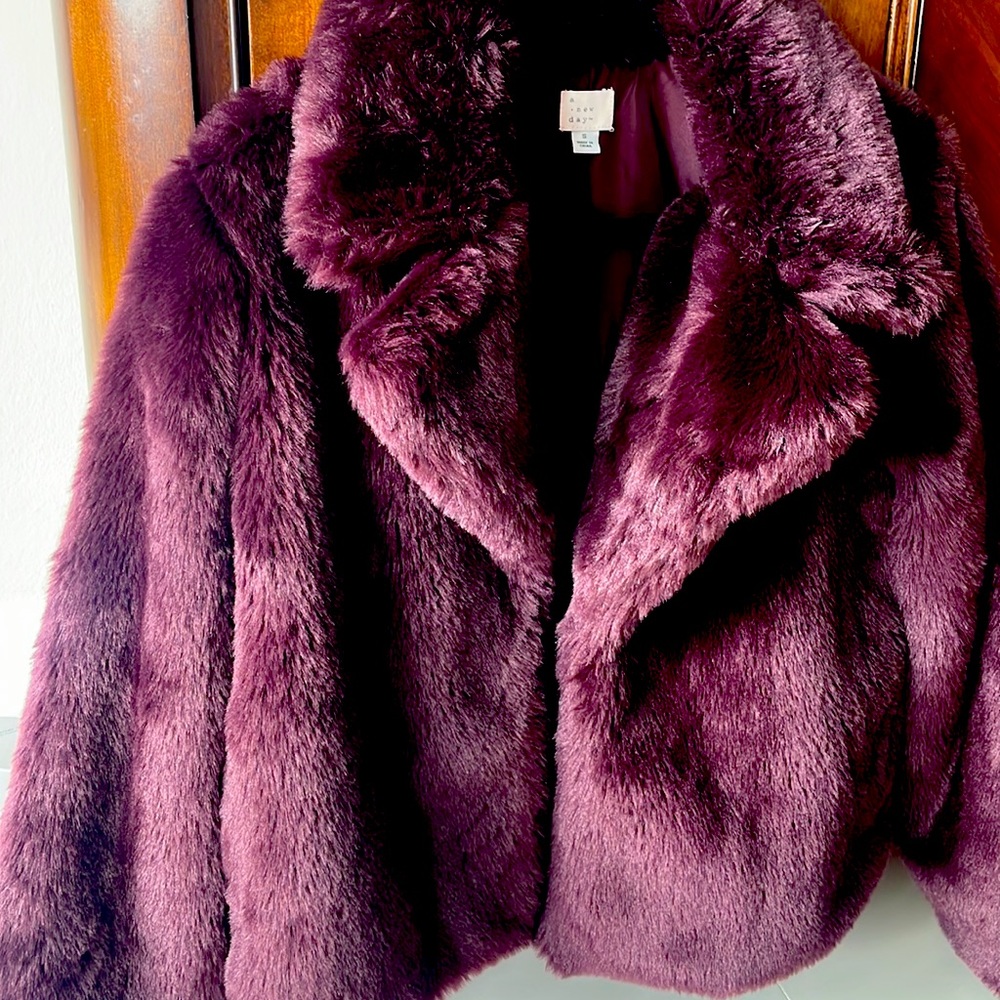 Faux maroon fur coat